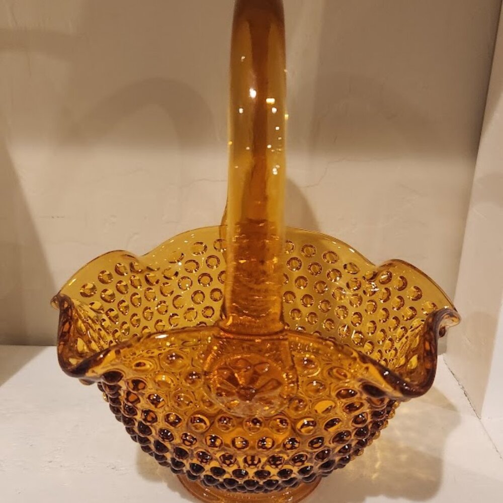 Vintage Fenton Amber Hobnail Glass Basket